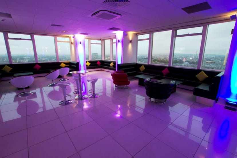 Modern event space at Altitude 360 with panoramic views, ideal for networking and receptions.