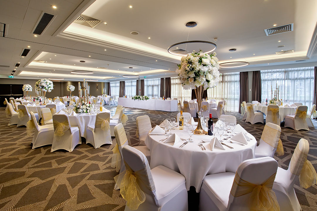 Ealing Suite at DoubleTree London, elegant wedding venue with floral centerpieces. - Banner