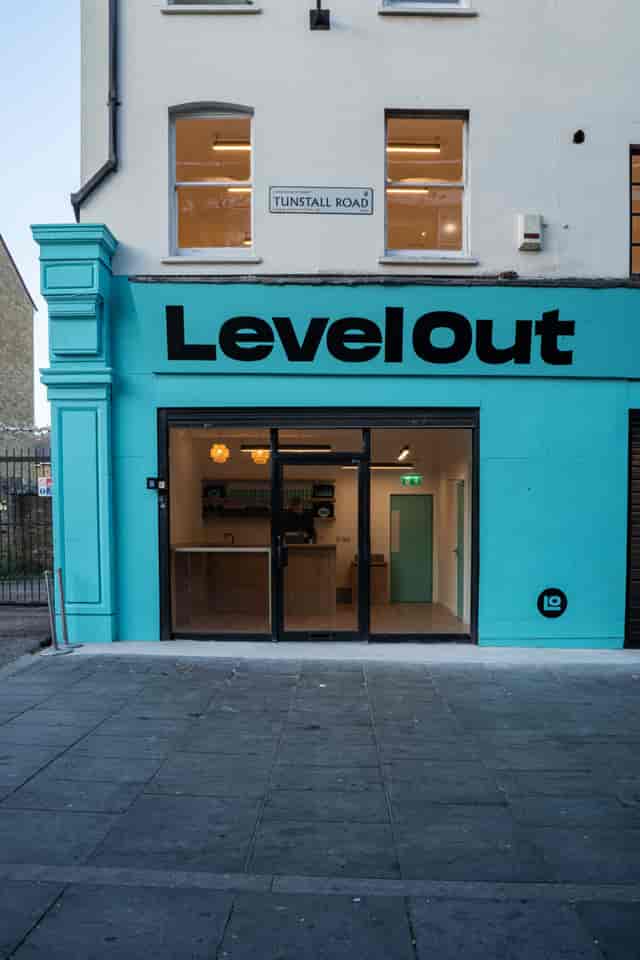 Vibrant LevelOut Brixton venue with turquoise exterior, perfect for meetings and events.