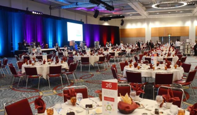 Ballroom 6AB banquet setup with round tables, red napkins for events and presentations.