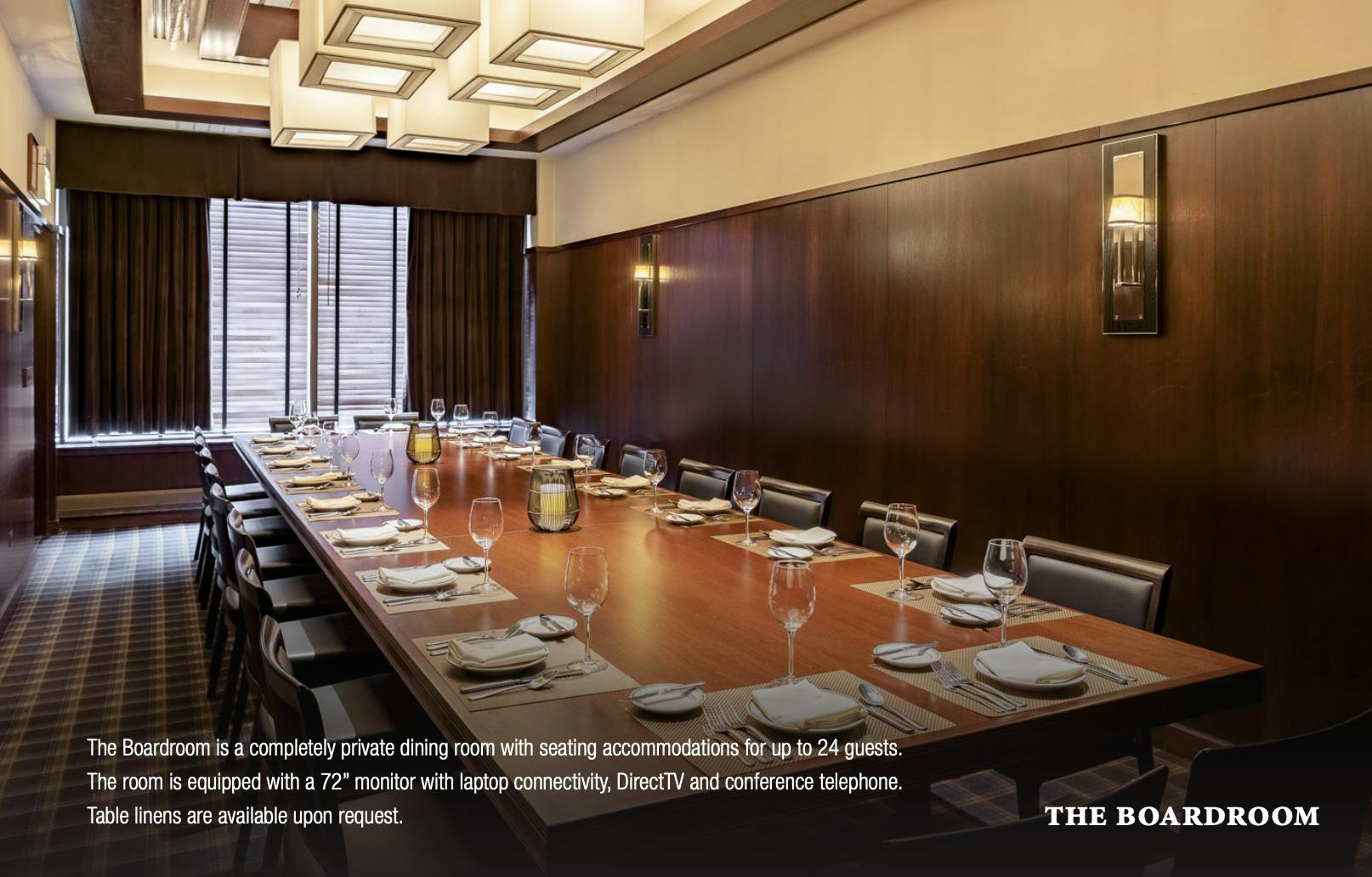 Elegant boardroom at Joe's Seafood for meetings and private dining events.