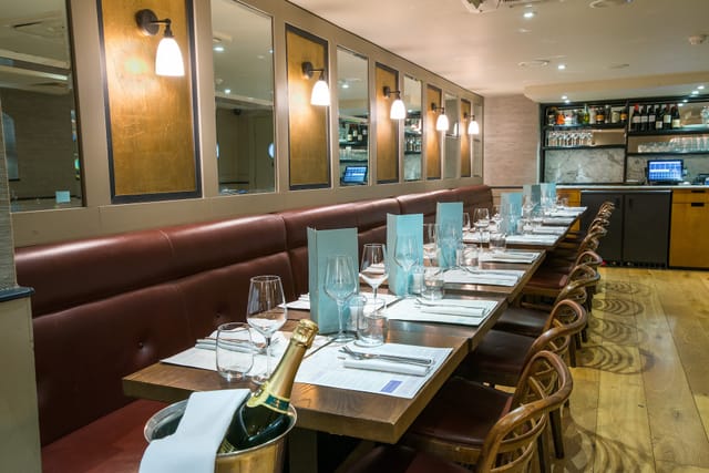 Private dining room at Cote Brasserie, elegant setup for corporate dinner or networking event.