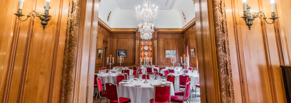 Elegant banquet setup in Brewers Hall with round tables, ideal for weddings and corporate events.