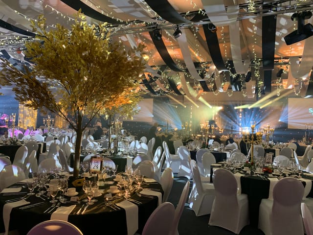 Corporate event space at Thorpe Park with elegant table settings for galas and gatherings.