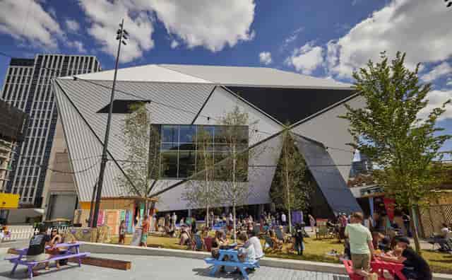 Modern Aviva Studios venue with vibrant outdoor space for events and gatherings.