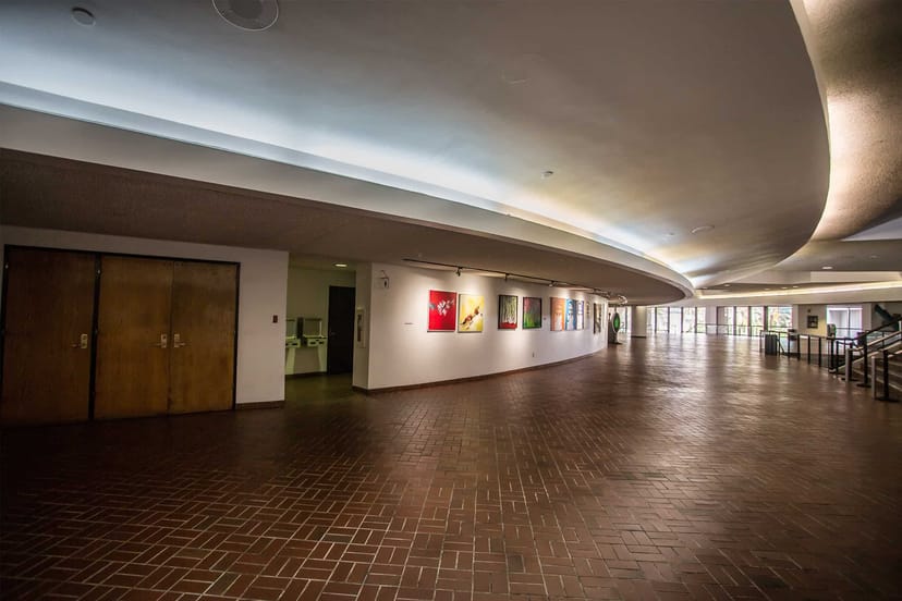 Ashe Auditorium corridor with elegant curved ceiling, perfect for events and networking.