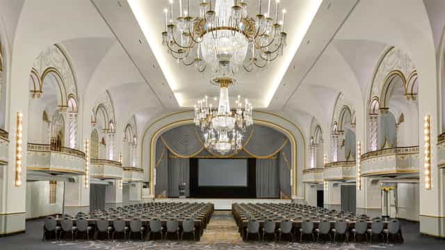 Grand Ballroom A at Boston Park Plaza with elegant chandeliers, ideal for conferences and galas.