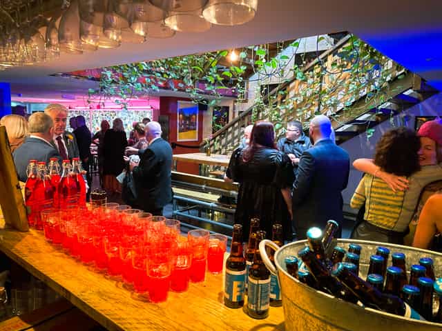 Vibrant Pleasance Theatre bar with colorful drinks, perfect for social gatherings and networking.