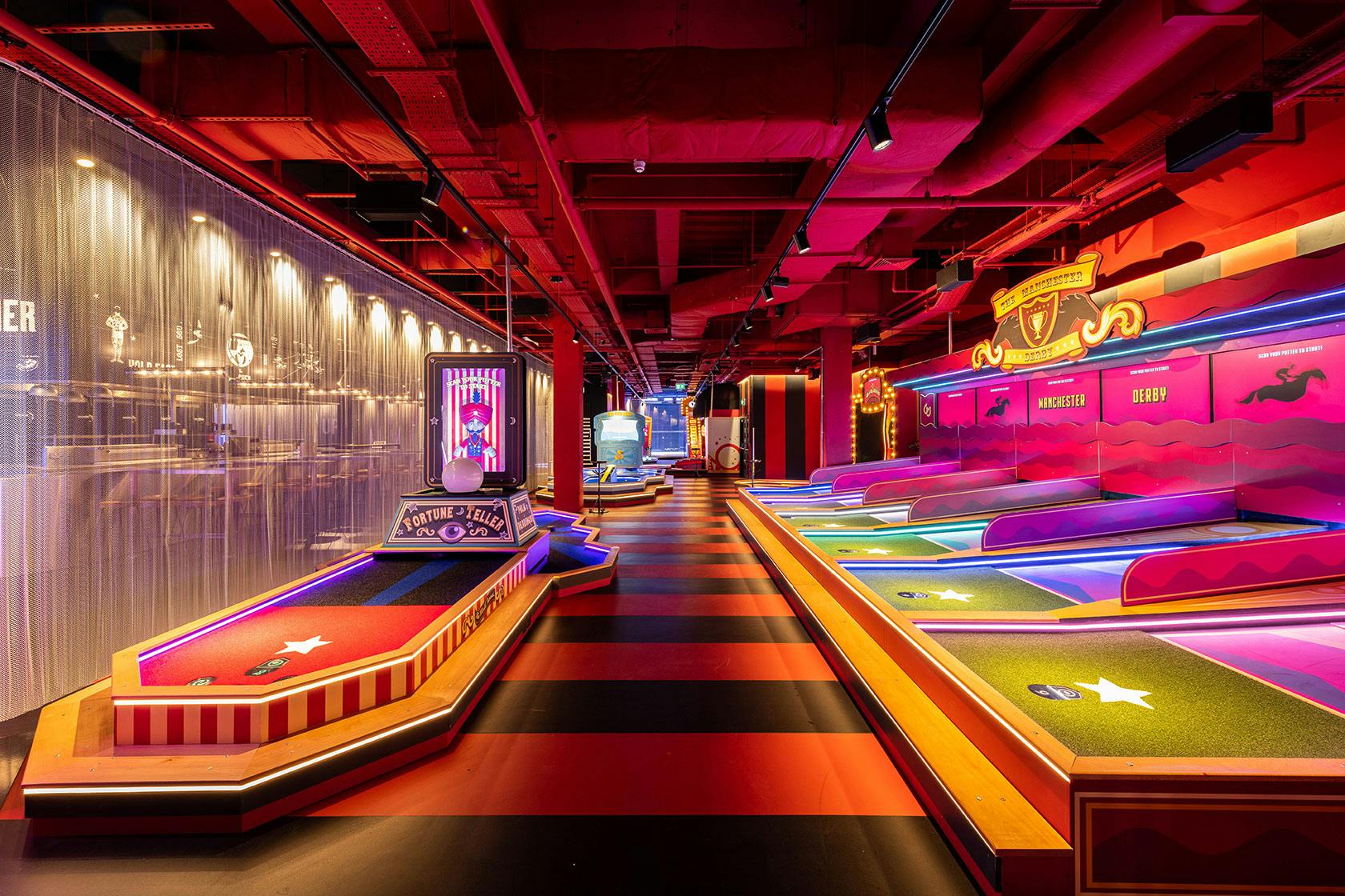 "Colorful mini golf course at Putters Tech for corporate events and team-building fun."