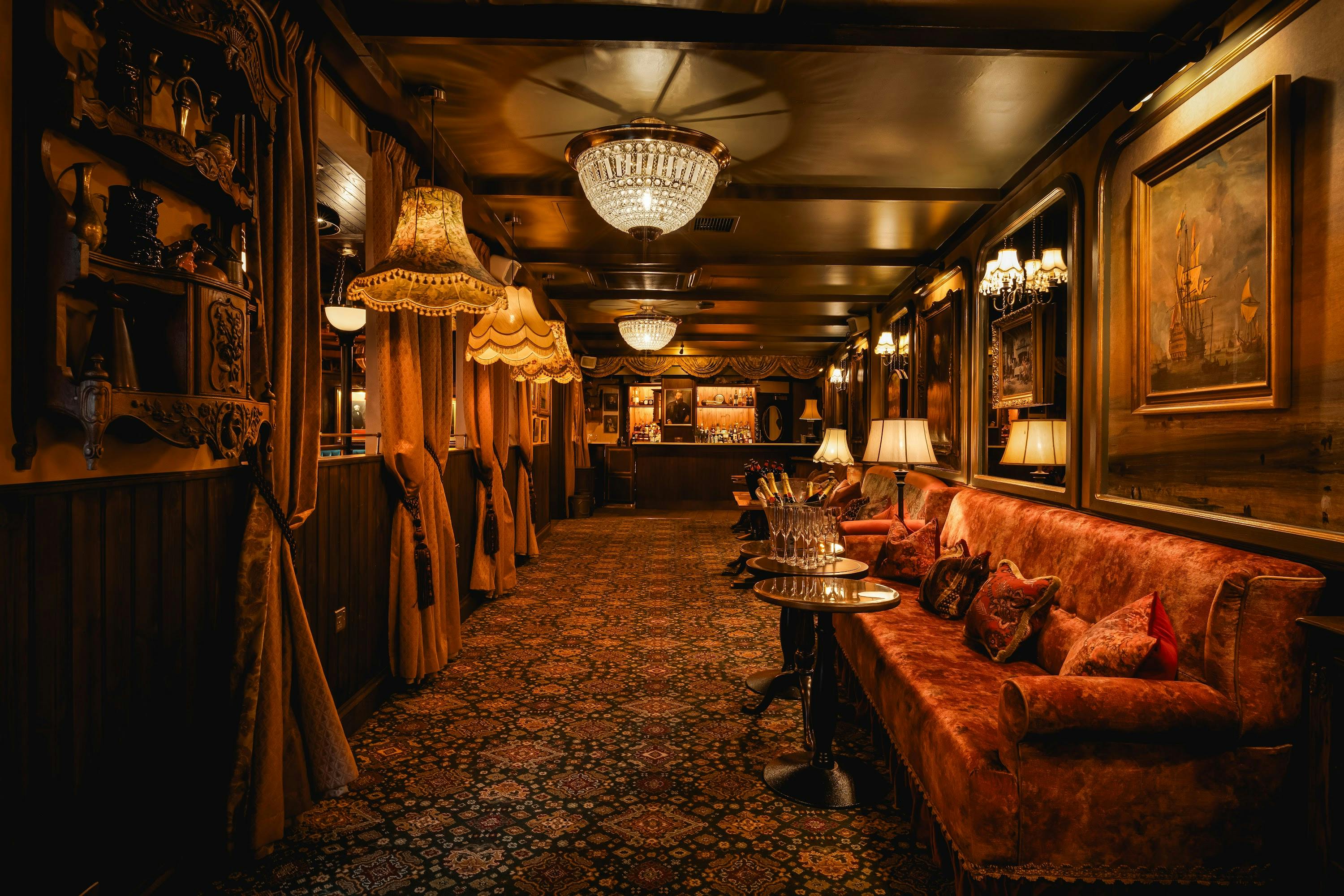 Elegant Saloon Bar at Mr Fogg's City Tavern, perfect for upscale events and gatherings.