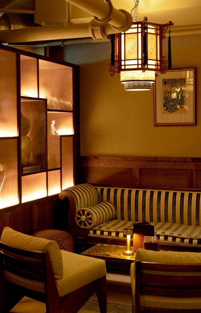 Sophisticated lounge area with elegant decor for networking events at Lucy Wong.