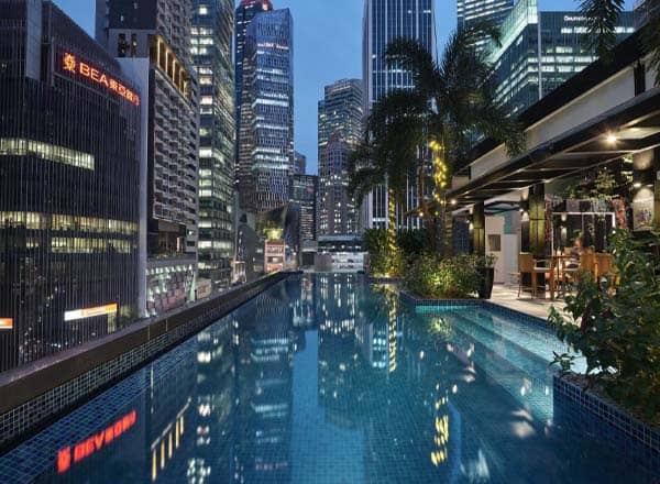 1927 Rooftop Bar pool with city skyline, ideal for upscale events and networking.