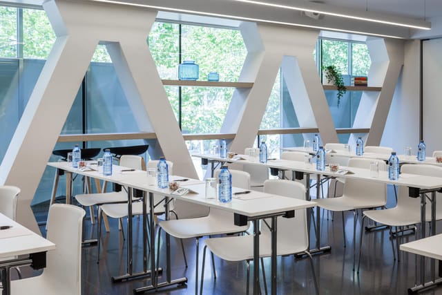Modern meeting room with natural light, ideal for workshops and corporate events.
