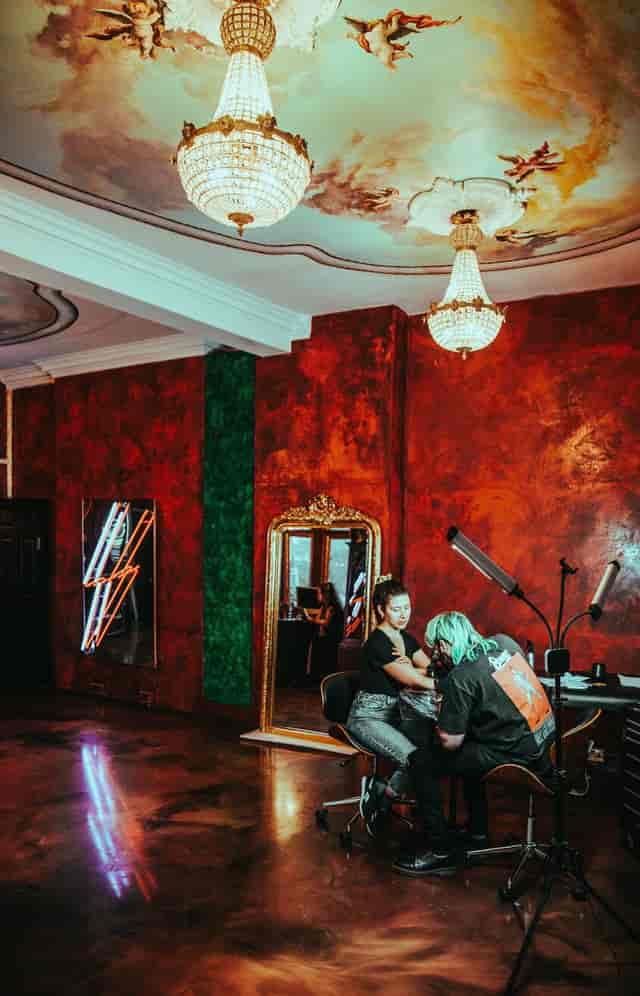 Stylish event space with bold red walls, perfect for workshops and networking.