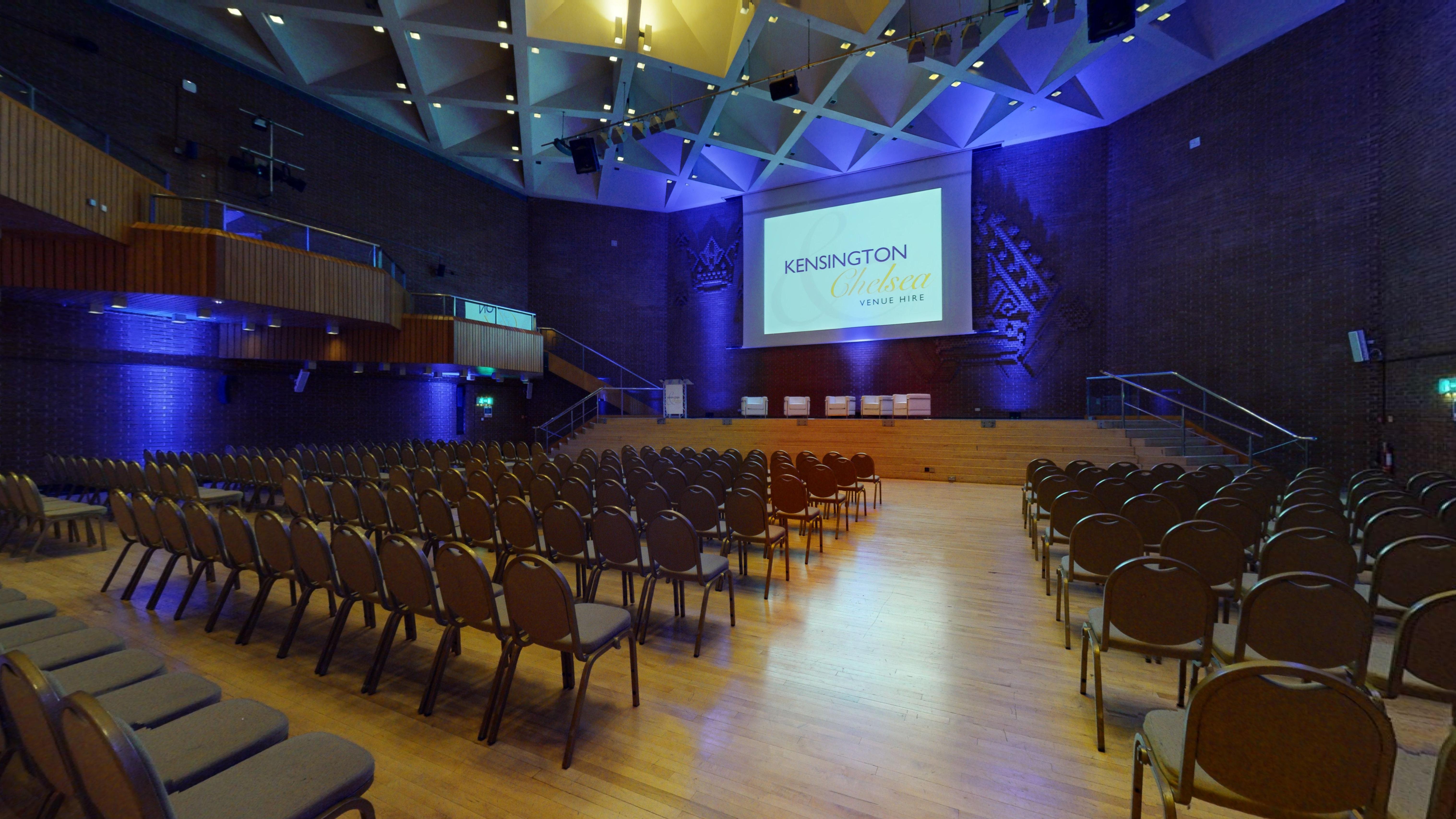 Great Hall in Kensington Conference Centre, spacious seating for conferences and presentations. - Banner
