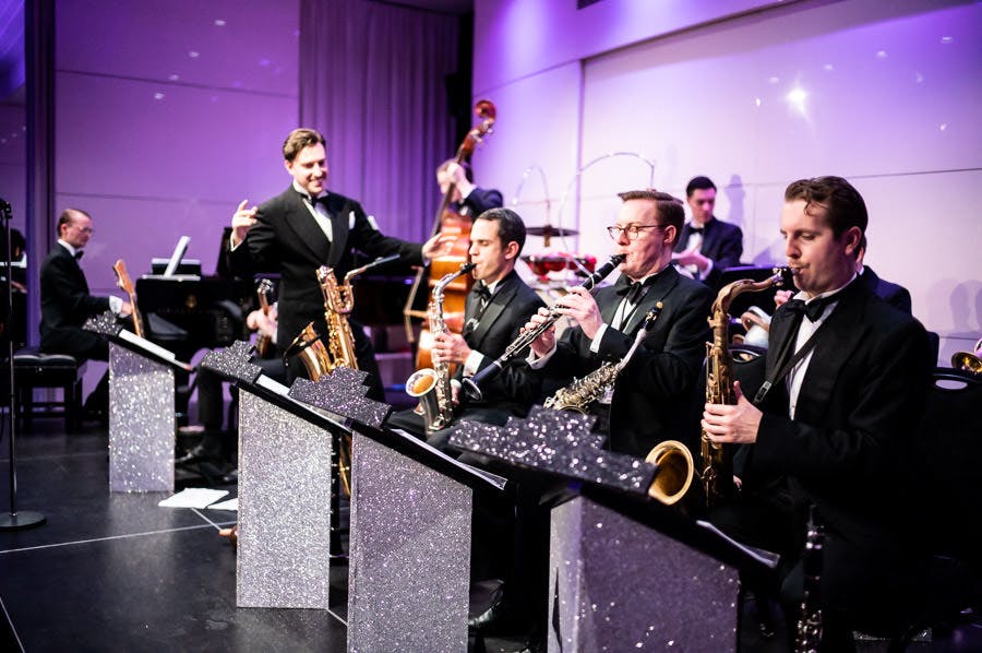 Live band performing at Princess Alexandra Hall for elegant corporate event or gala.