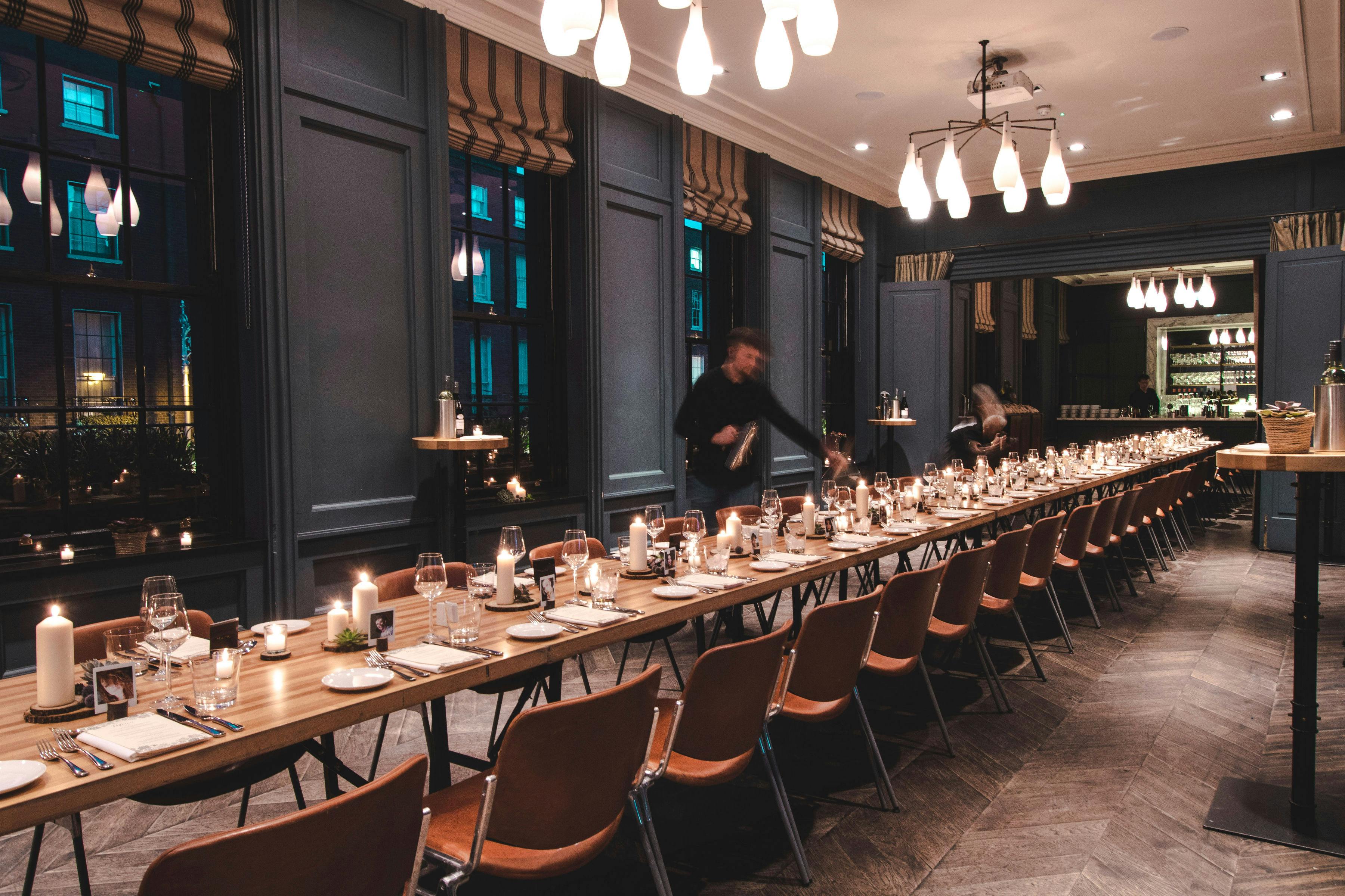 Elegant Blue Room dining setup for intimate corporate dinners in Dublin.