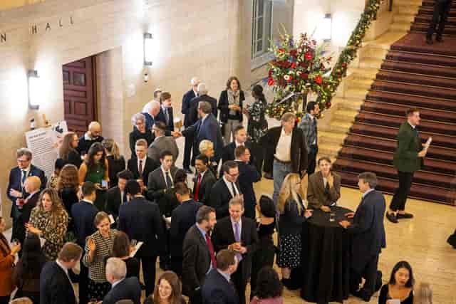 Senate House Christmas party at University of London, featuring festive decor and networking.