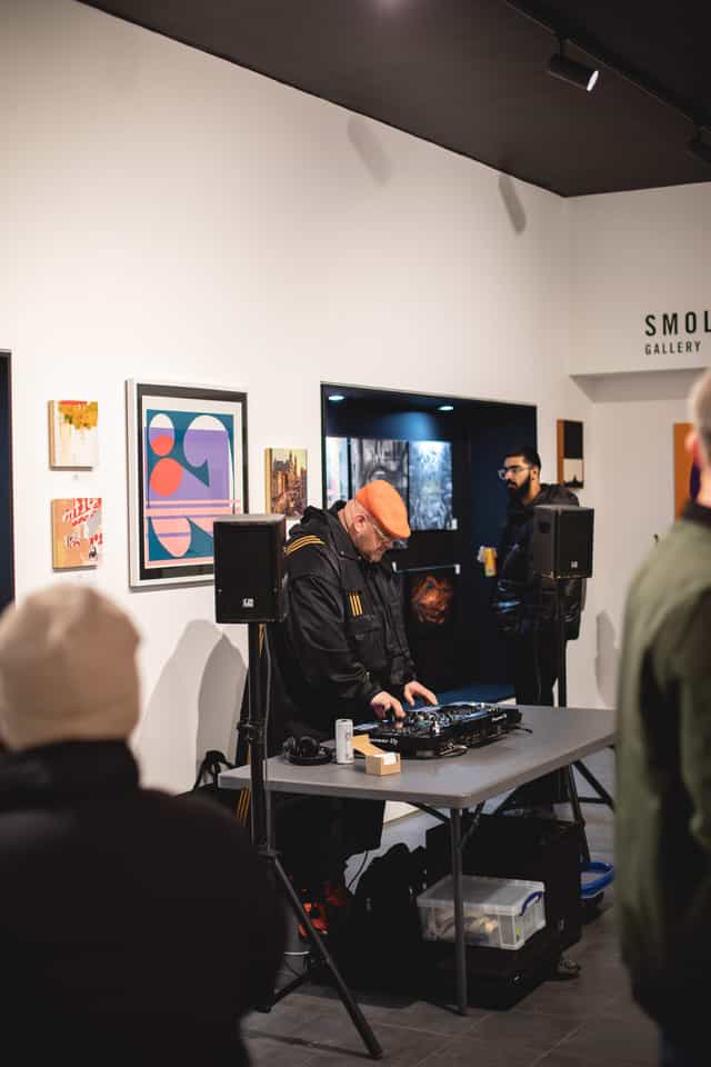 DJ at Smolensky Gallery, Manchester - vibrant art event space for networking and socializing.