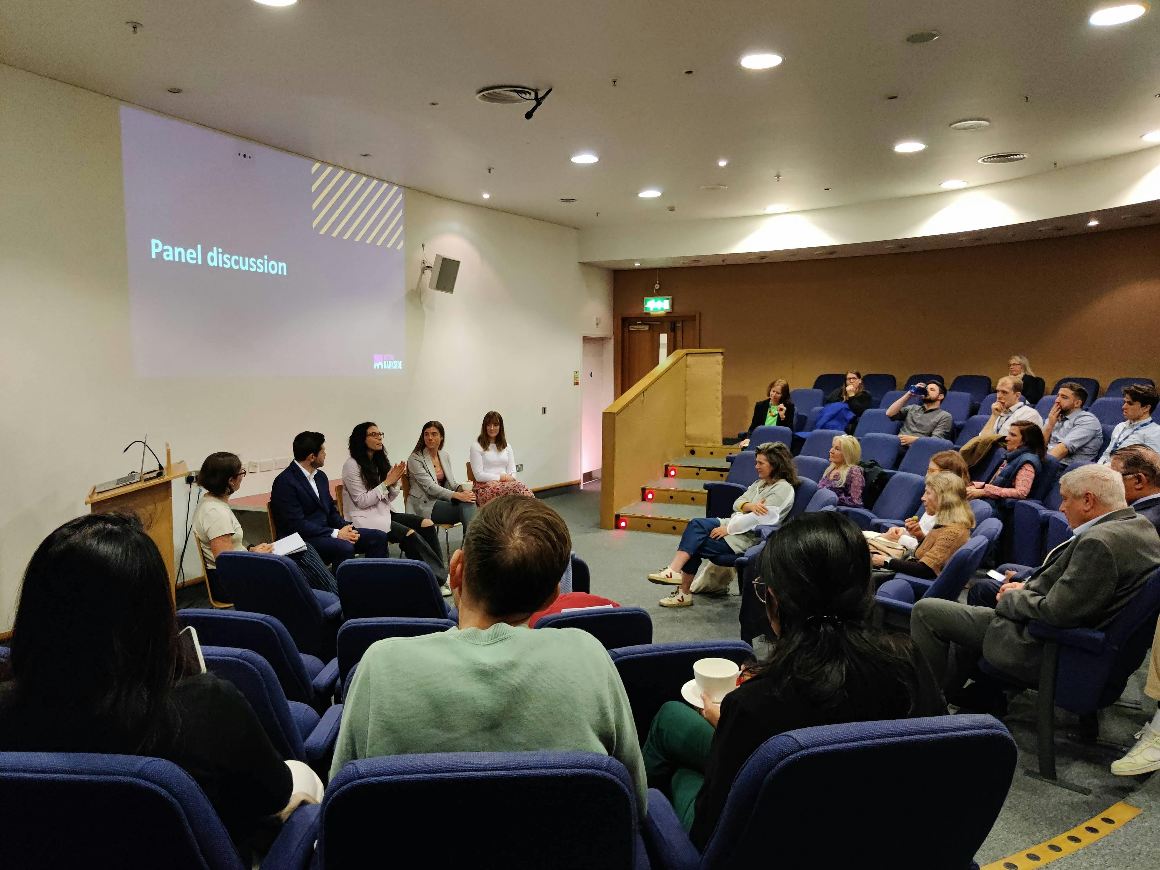 Panel discussion at Nancy Knowles Theatre, Shakespeare's Globe, promoting engagement and networking.