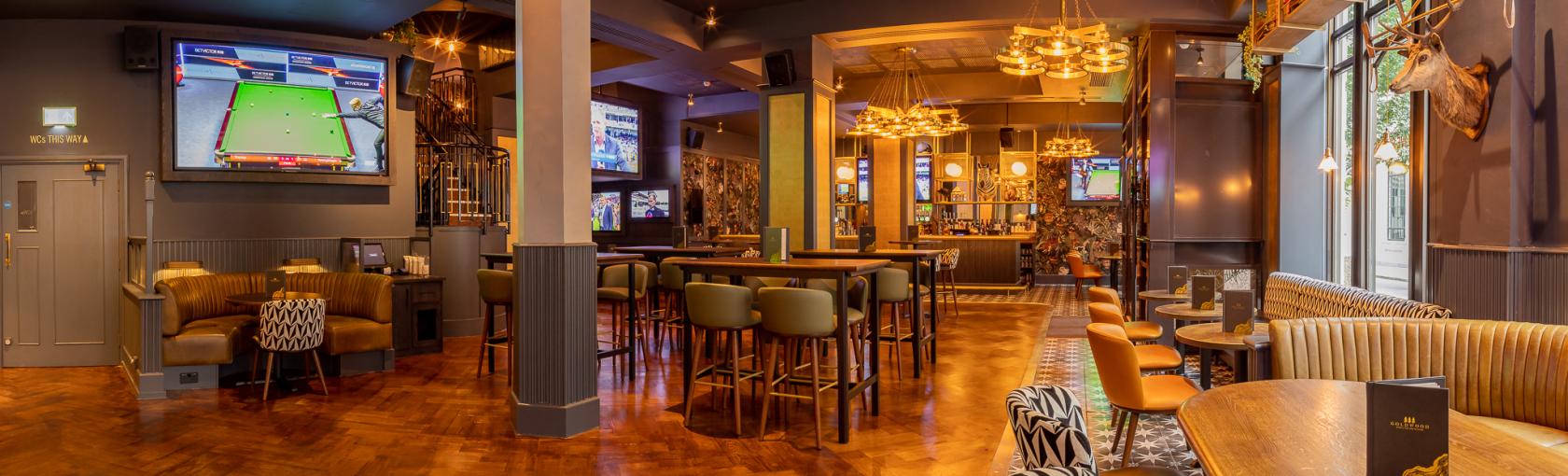 Stylish event venue with modern decor and inviting atmosphere in Goldwood Spots Pub. - Banner