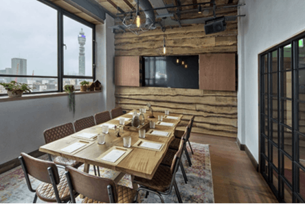 Modern meeting space at The Treehouse Hotel with warm wood accents for corporate gatherings.