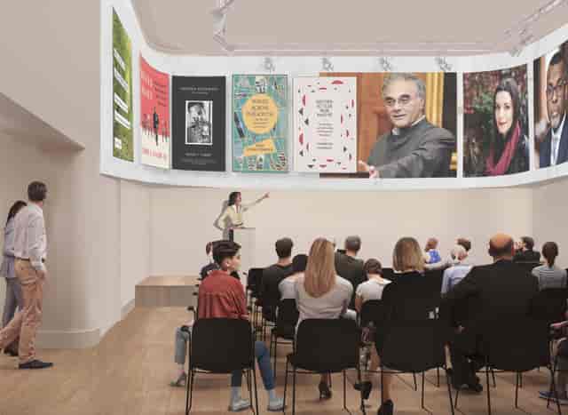 SHAPE Room author event with book backdrop, perfect for literary discussions and speaker sessions.