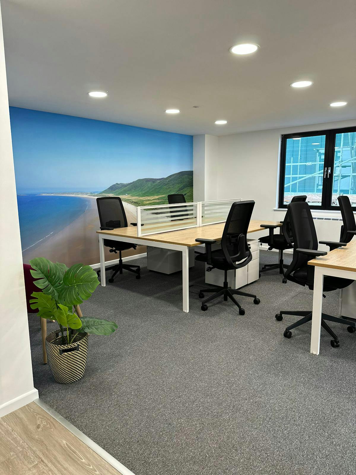 Modern hot desks in open office with coastal mural for collaborative meetings.