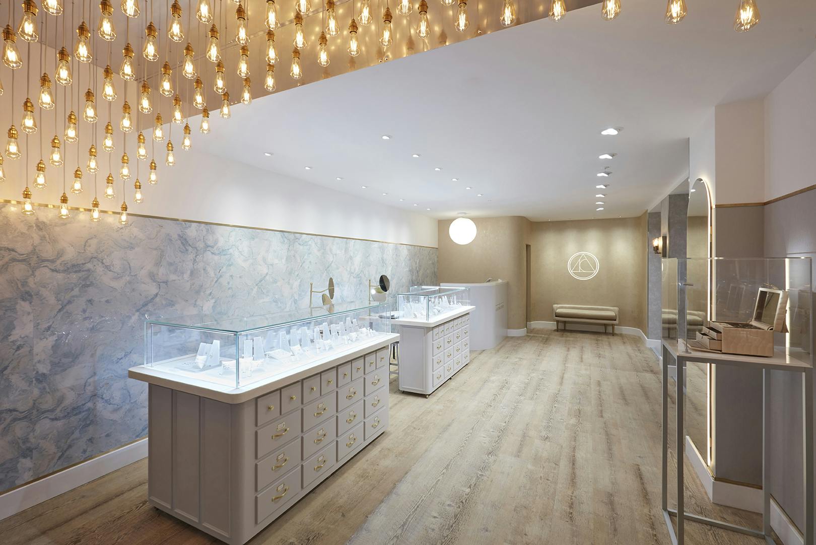 Upscale jewelry store interior with elegant lighting, ideal for exclusive events.