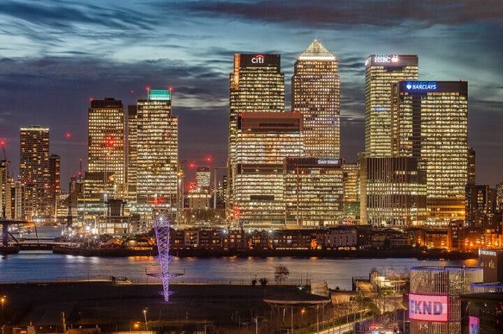 Canary Wharf skyline at dusk, ideal for corporate events and conferences.
