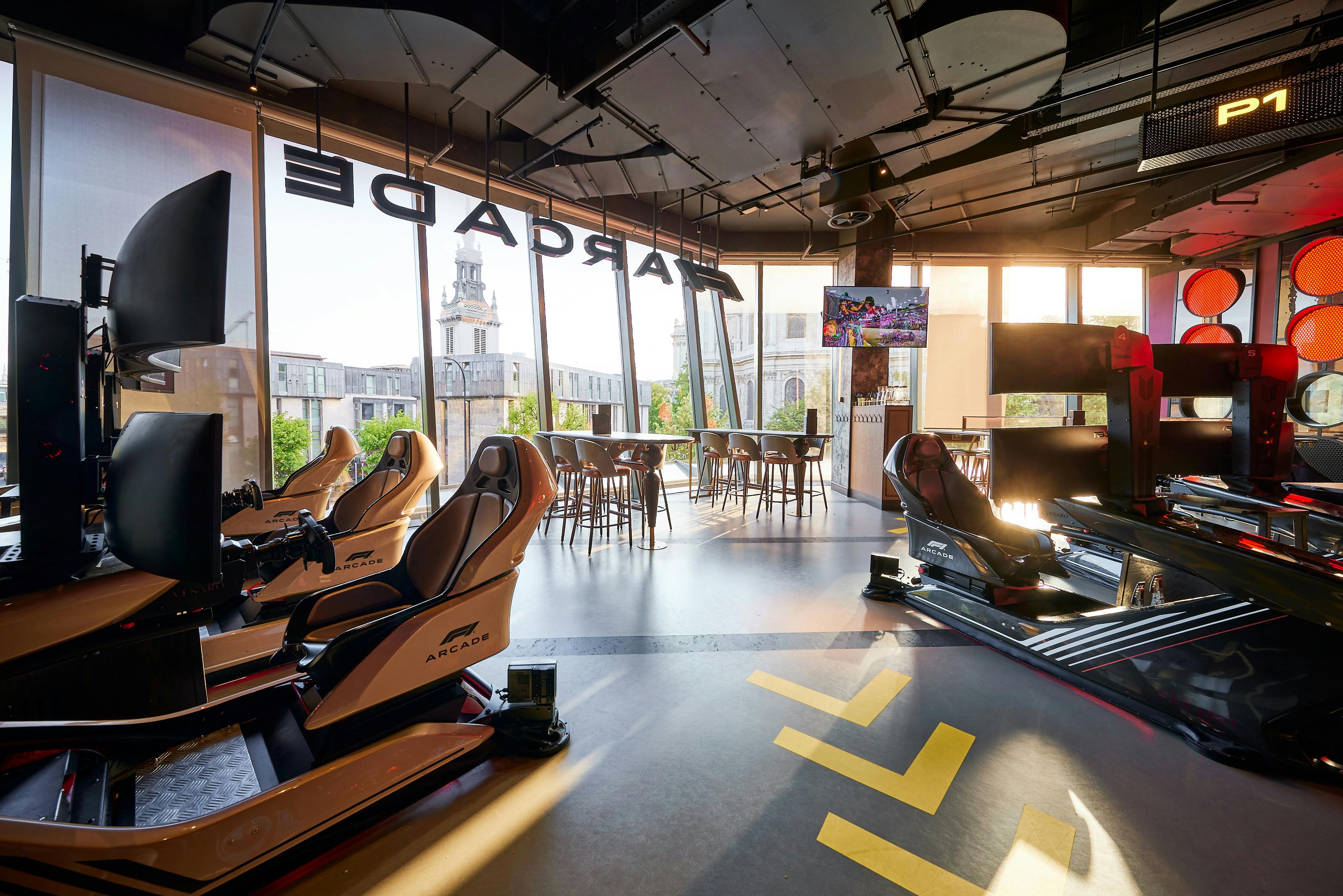 Modern arcade space with sleek gaming stations for corporate events and team-building activities.