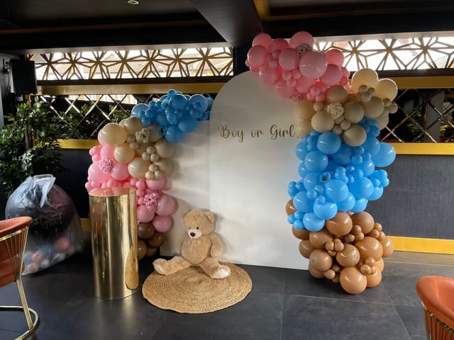 Gender reveal event backdrop with pastel balloon arch and teddy bear decor.