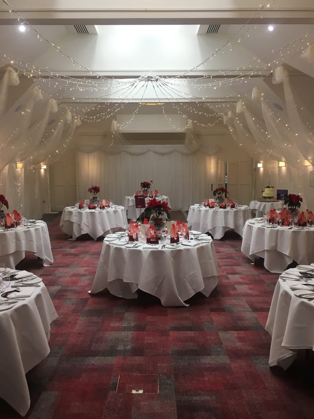 Elegant banquet room at Warren House Hotel, perfect for festive events and galas.