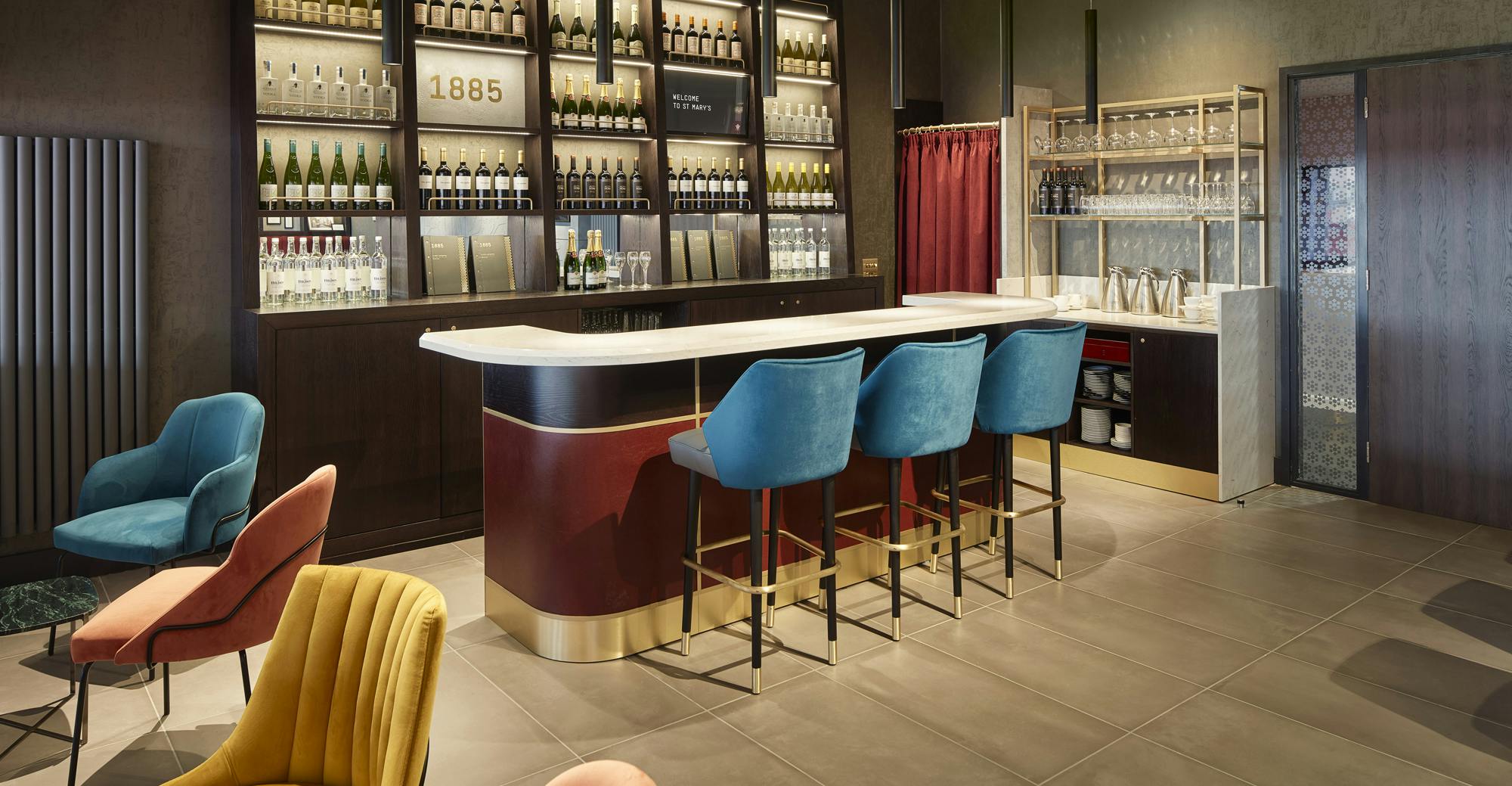 Stylish bar area at Southampton FC for events, featuring modern seating and premium beverages.