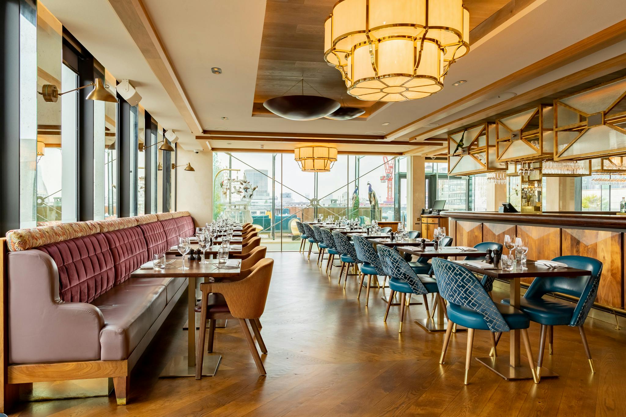 Stylish restaurant interior on 10th floor, perfect for events and meetings with scenic views.