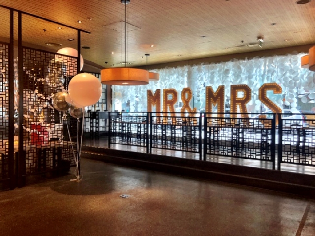 Elegant wedding reception space with "MR & MRS" backdrop and festive decor. - Banner