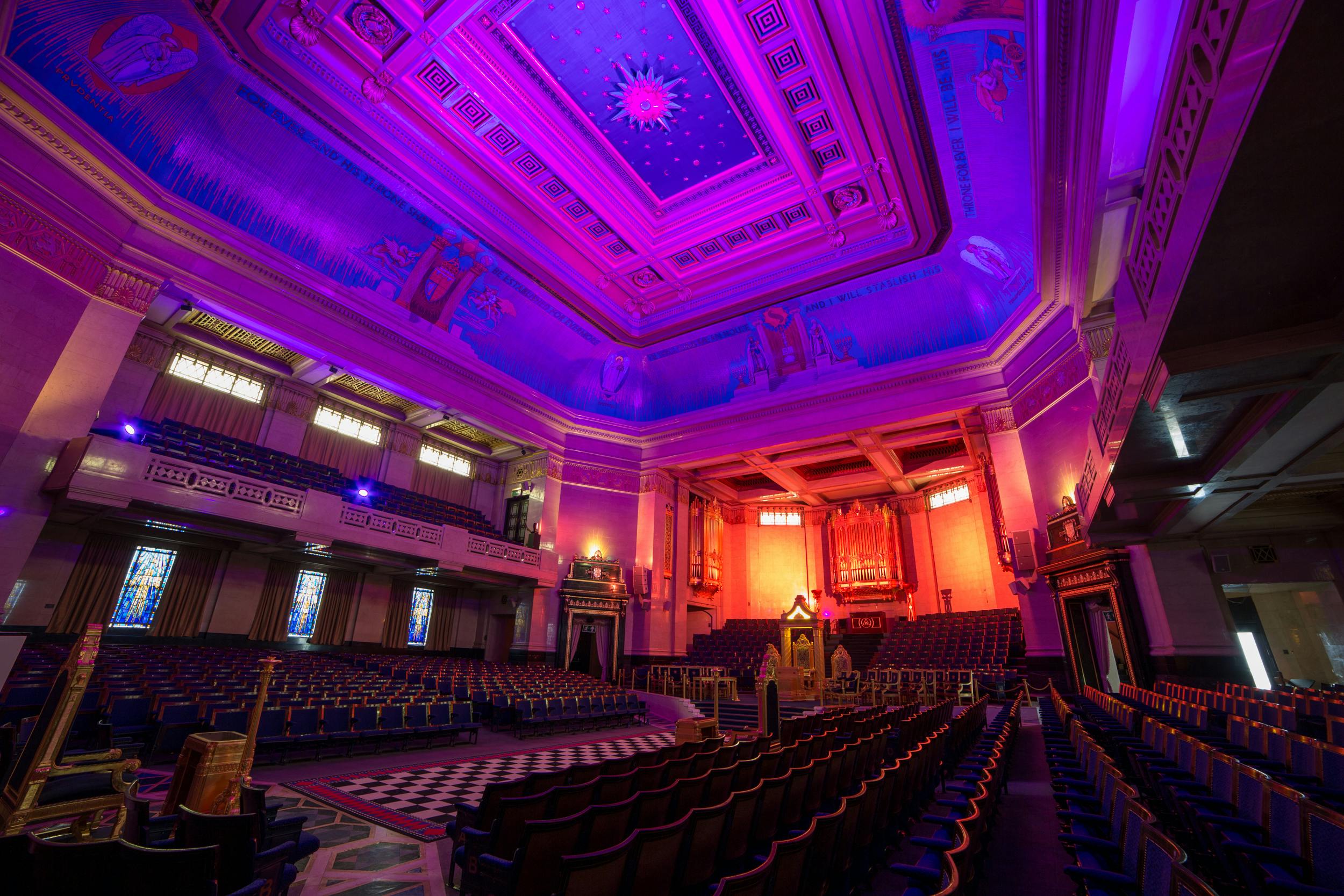 Grand Temple at Freemasons' Hall, ornate ceiling, ideal for conferences and gala events.