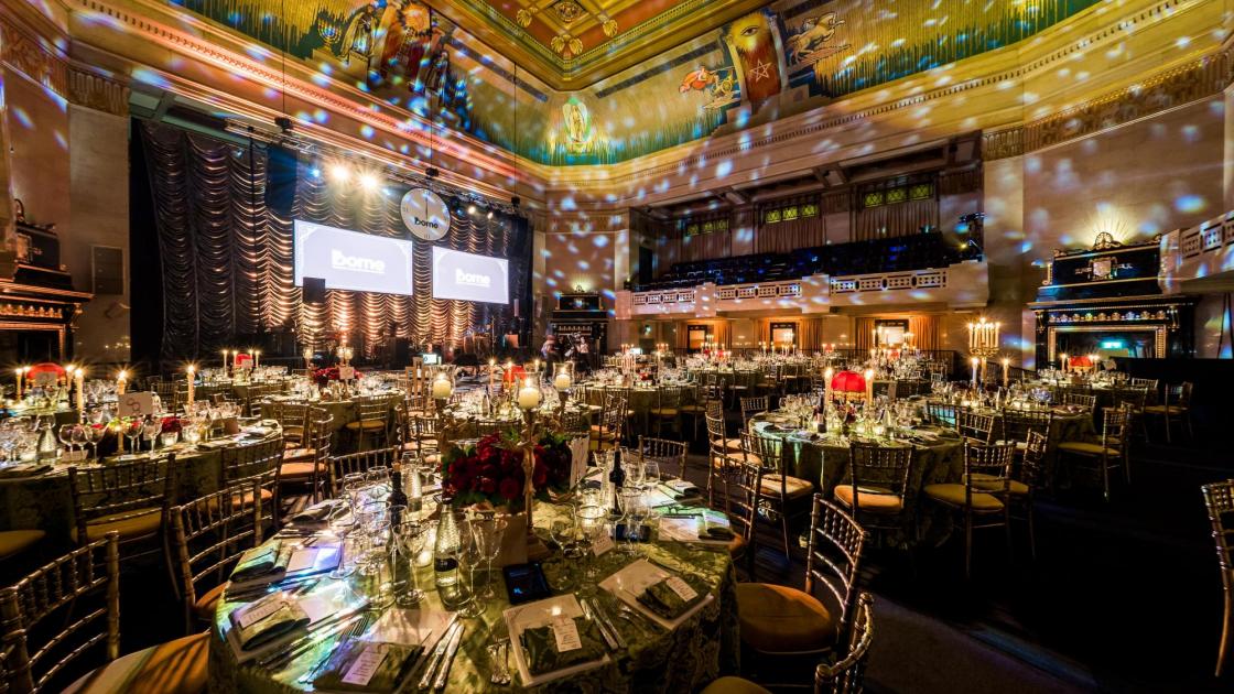 Elegant banquet hall in Freemasons' Hall, ideal for corporate galas and formal events. - Banner