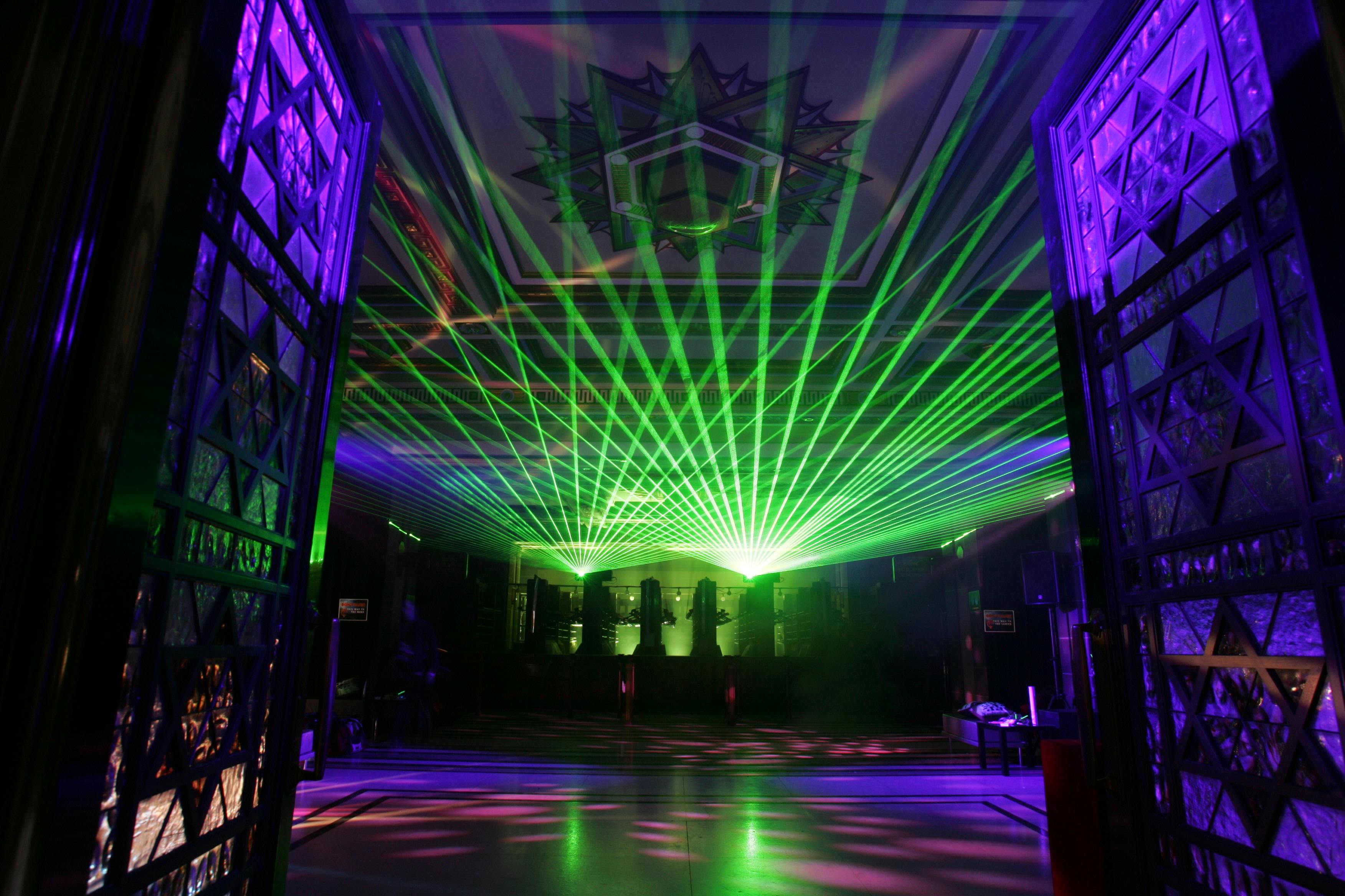 Grand Temple at Freemasons' Hall with vibrant laser lighting for corporate events.