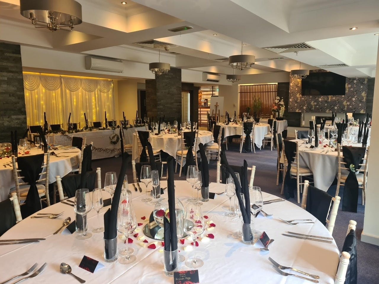 Elegant banquet hall at Meon Valley Hotel, ideal for weddings and corporate events.