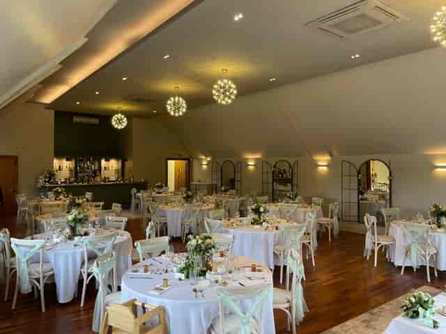 Longwater Suite at Hampton Court Palace Golf Club, elegant wedding venue with floral decor.