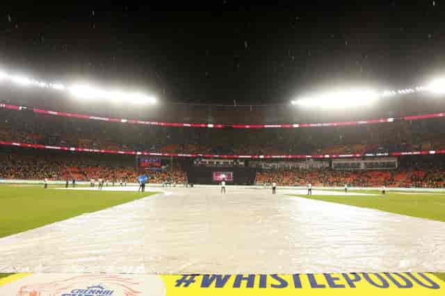 IPL event at Principality Stadium with covered field, showcasing contingency planning.