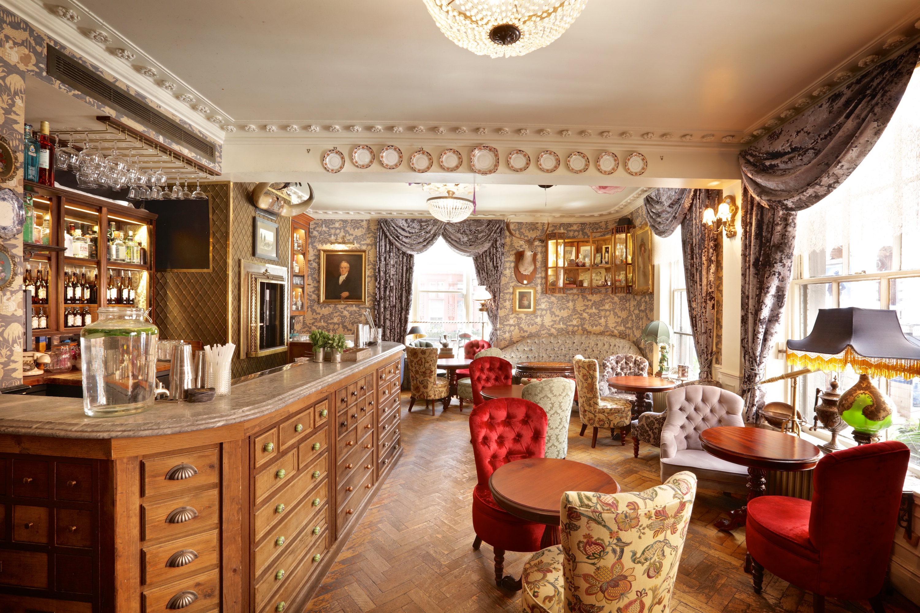 Elegant Mr Fogg's Gin Parlour venue with vintage decor for intimate events and gatherings.