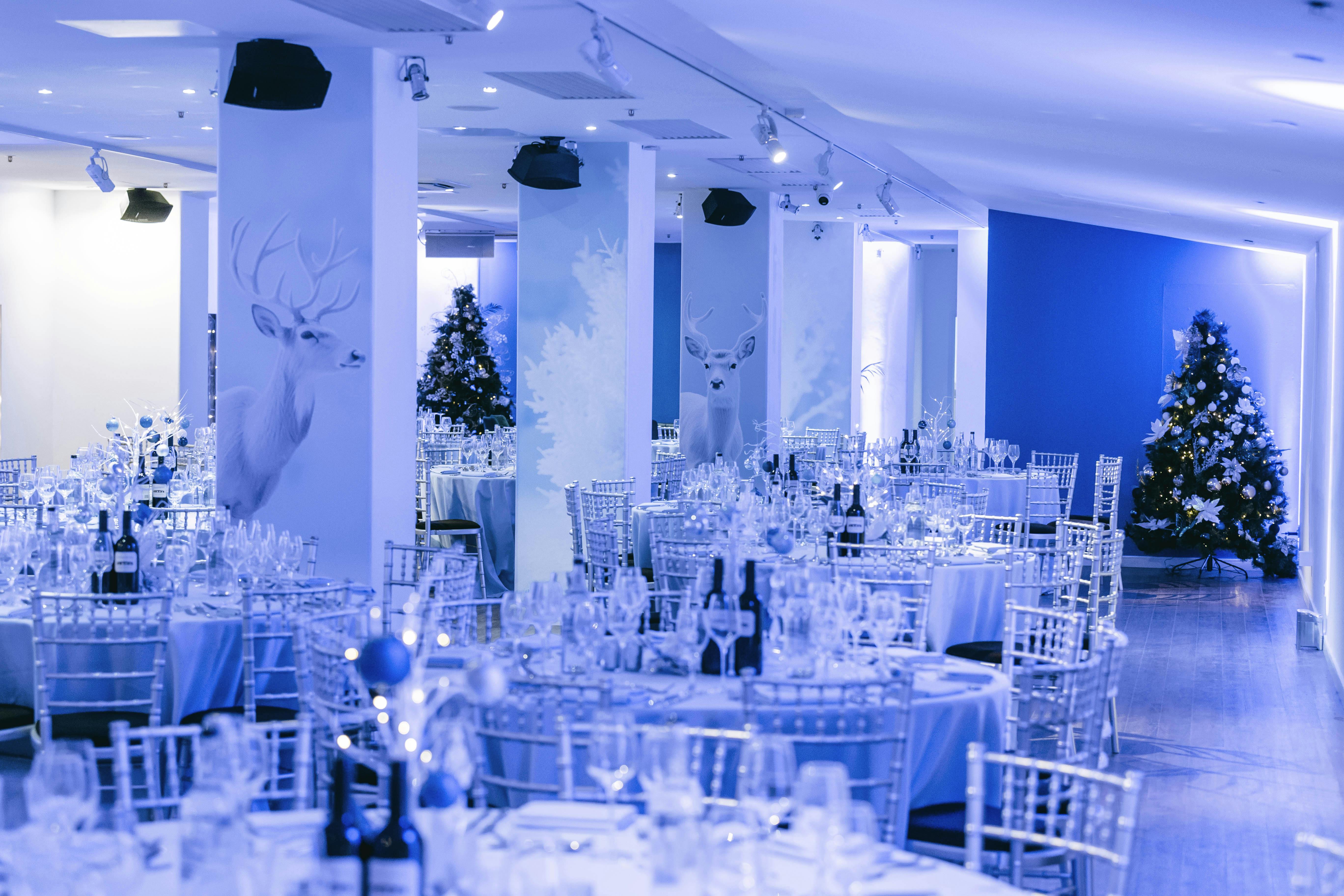 Winterland Christmas event space with elegant tables and festive decor for holiday gala.