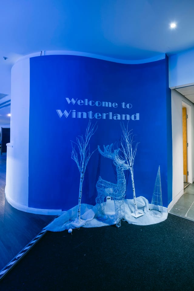 "Winterland Christmas welcome display with deer and trees for festive events"