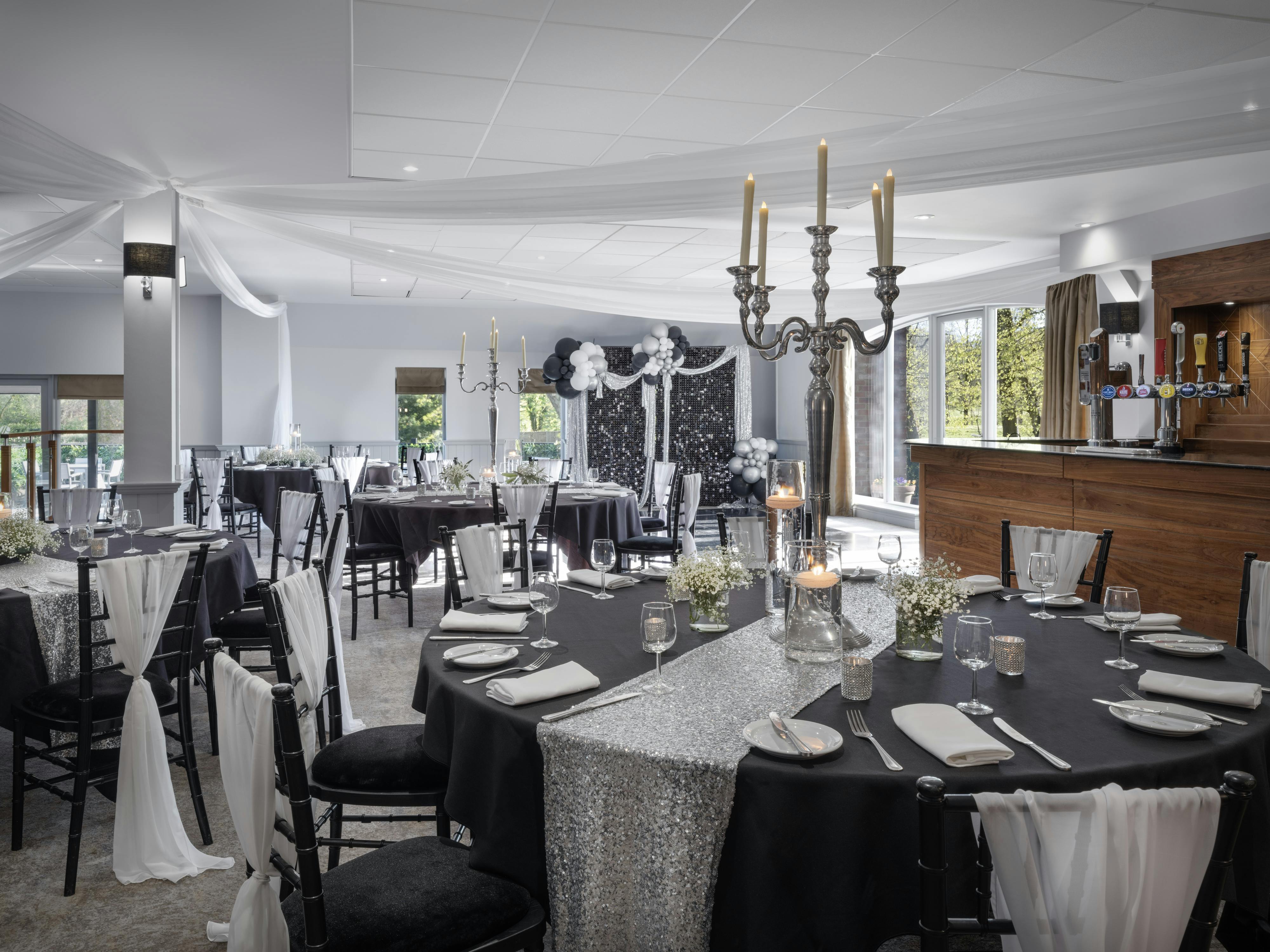 Elegant event space at Delta Hotels, featuring candelabras for weddings and corporate events.