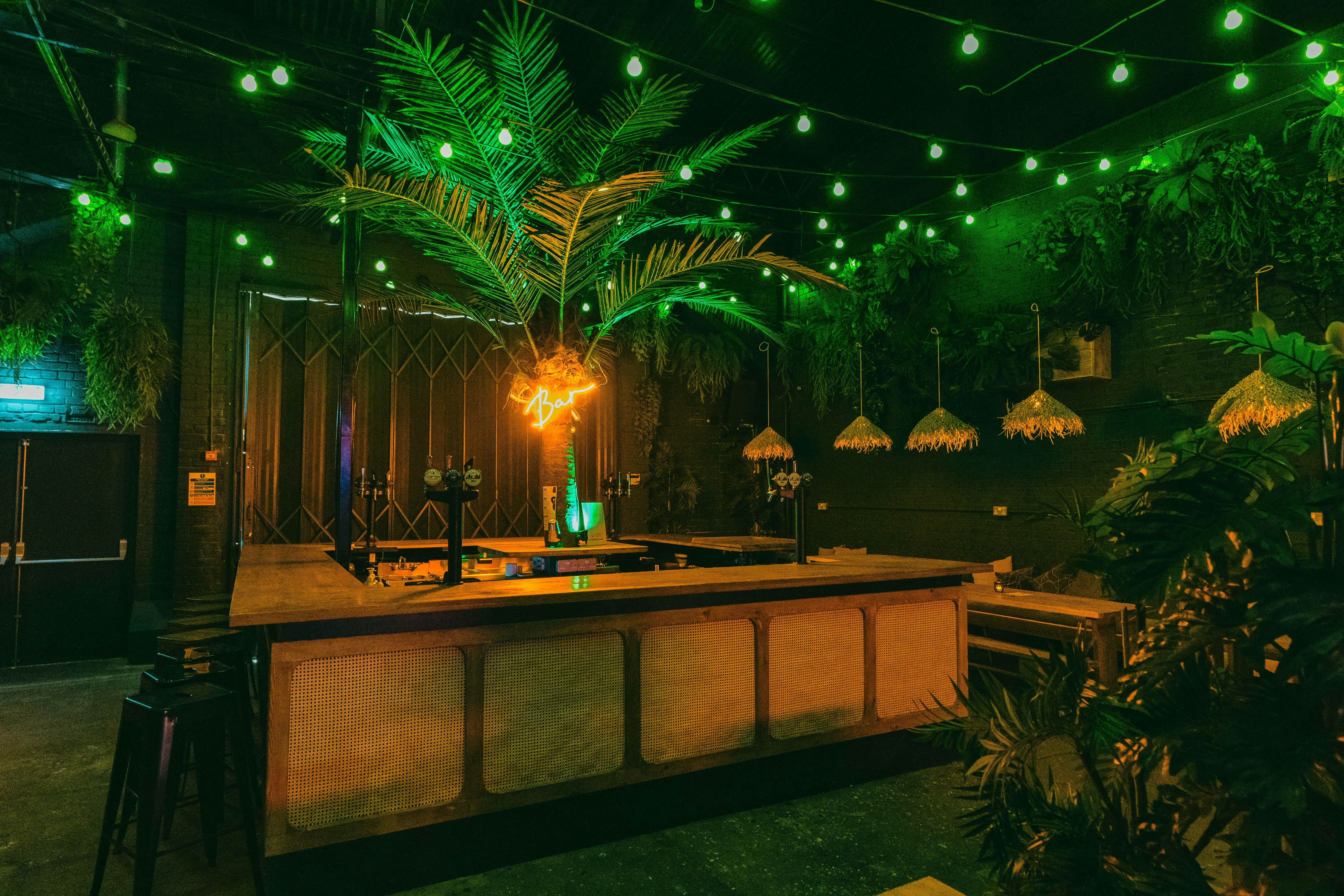 Vibrant Palm Bar at Night Tales with tropical decor, ideal for networking events and parties.