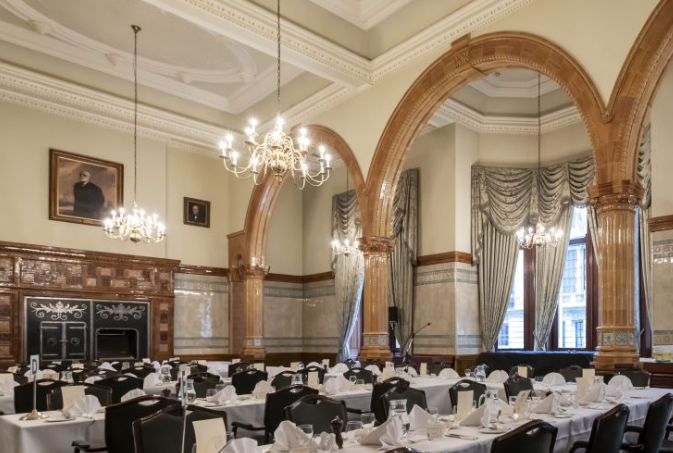 Elegant banquet hall in David Lloyd George Room, ideal for weddings and corporate events. - Banner
