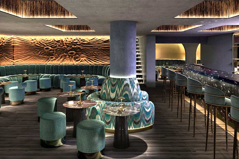 Stylish event space in Viajante with plush seating for networking and cocktail receptions. - Banner