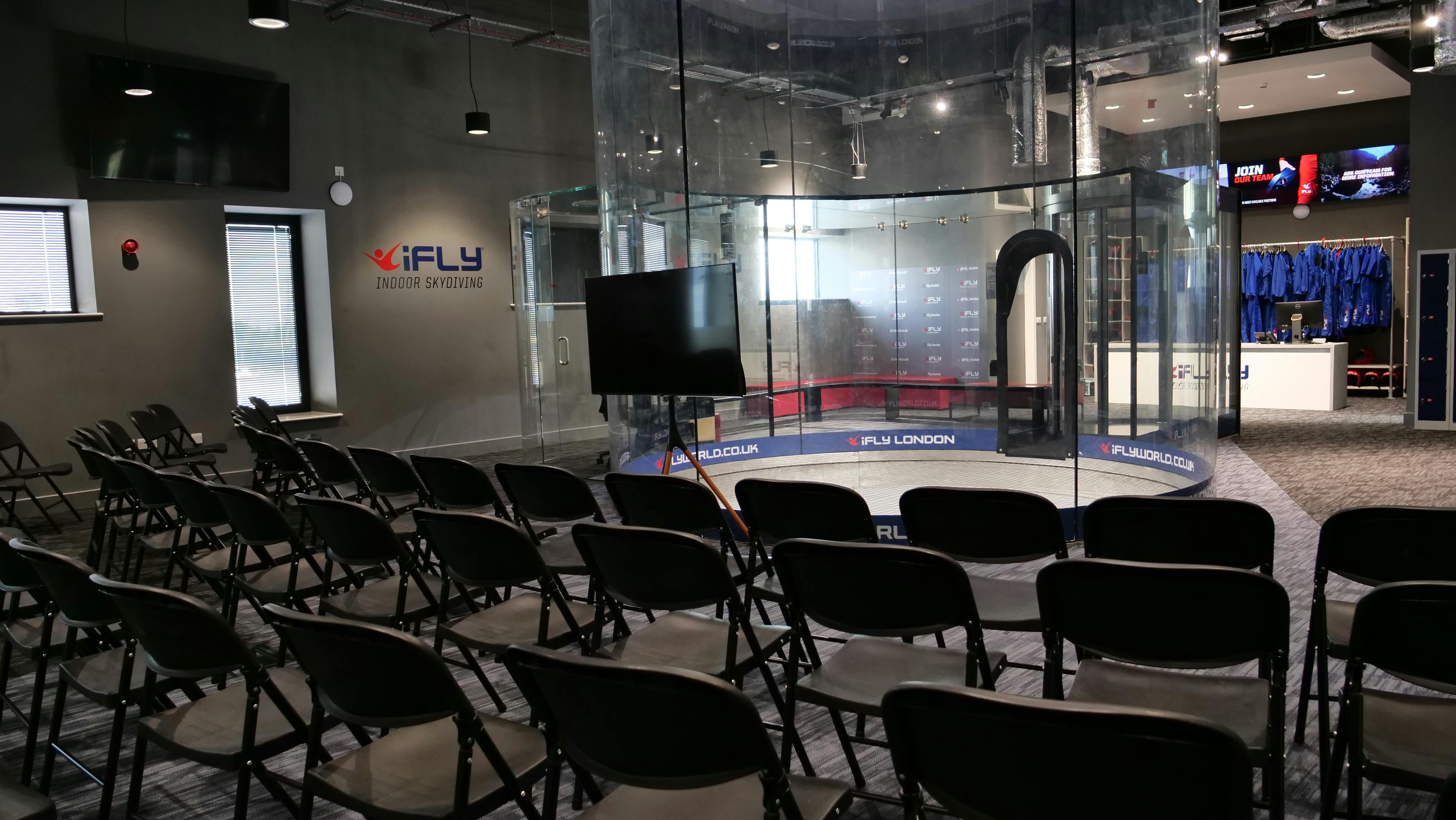 iFLY Indoor Skydiving Flight Deck: versatile event space for corporate presentations and team-building.